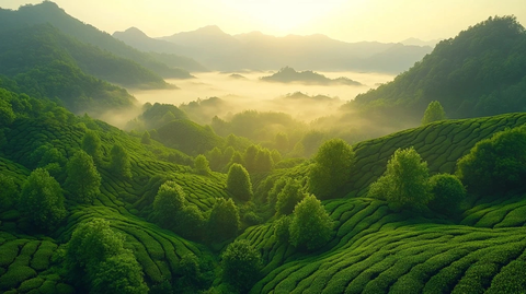 茶树森林晨雾金色阳光