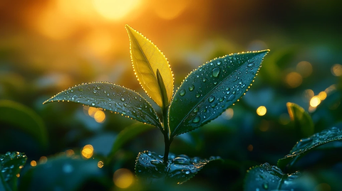 茶叶露珠日出映照