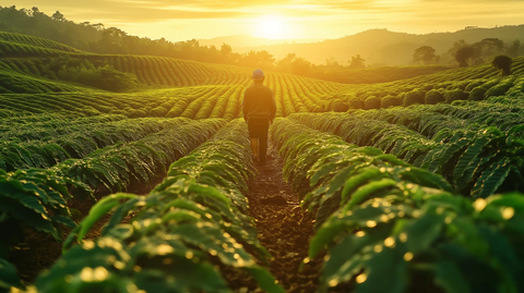 农夫在咖啡园的晨光中