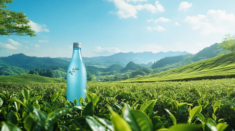 绿茶叶上漂浮绿茶饮品