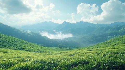 茶园山景与远山雾气