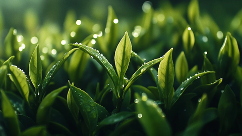 嫩绿茶叶露珠细节