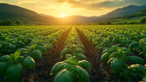 夕阳下的大片罗勒田