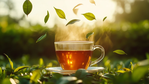 茶叶漂浮落入热茶杯