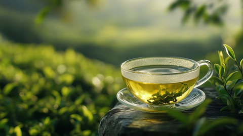 绿茶叶杯与茶树背景