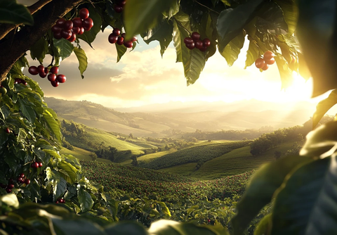 山间咖啡树果实阳光透叶