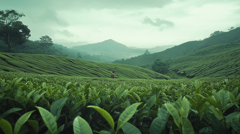 晨雾茶园中的劳作身影