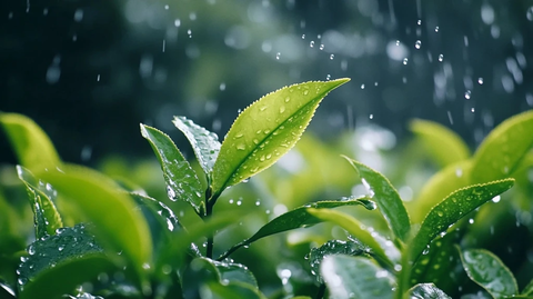雨滴落在茶叶叶片上