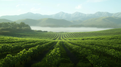 葡萄园晨光中的山脉与薄雾