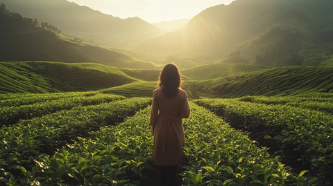 茶艺师茶园中展示传统茶艺