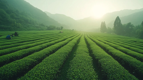 茶园采茶人与茶树行列