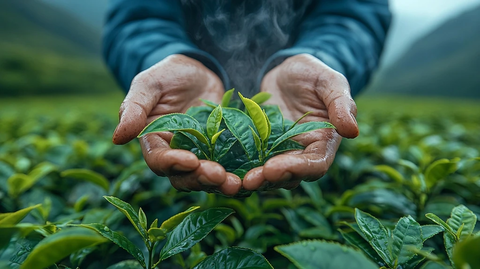 茶田晨雾中采茶与炒茶