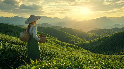 阳光照耀茶山采茶女