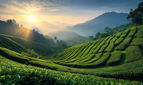 茶园梯田光照雾气