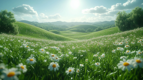 草地山坡树木阳光蓝天