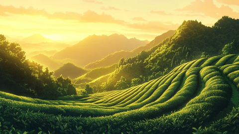 茶园夕阳绿叶金光