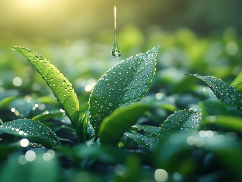 水滴落下茶叶间
