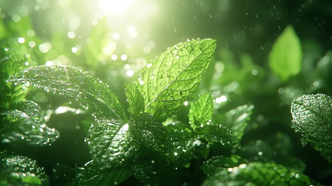 晨光中的新鲜薄荷叶与露珠