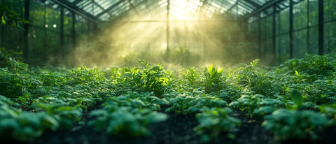 温室晨雾中的绿植景观