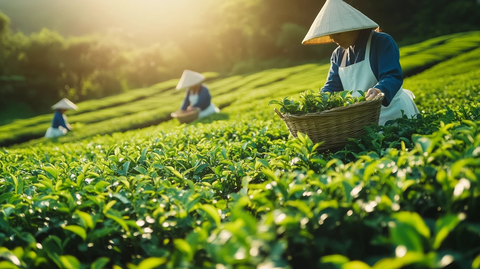 茶田采茶女竹篮装茶