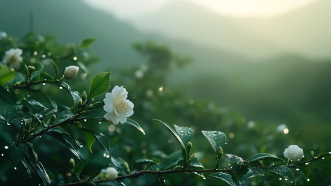 晨雾山茶园露珠滑落
