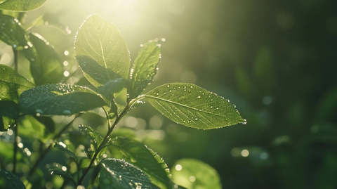 晨露中的绿叶脉络