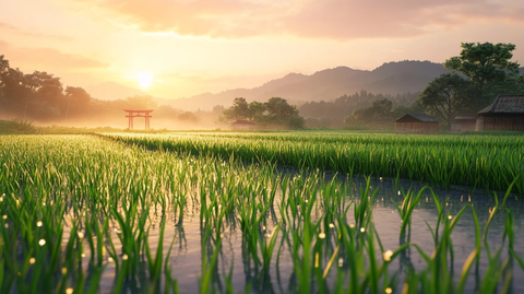 稻田晨光水田倒影竹林农舍
