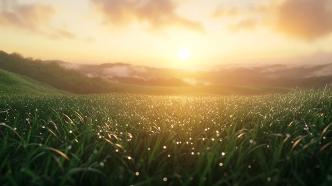 晨曦露珠草地薄雾