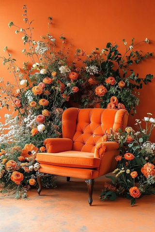 橙色背景花卉植物扶手椅