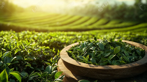 绿茶叶与茶田风光