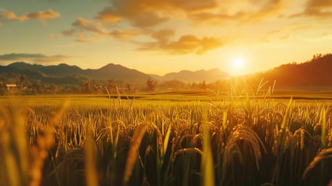 阳光洒落稻田山影