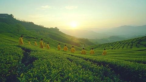 绿茶叶田中的年轻男子