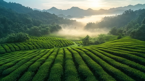 茶园晨光中的茶树行列
