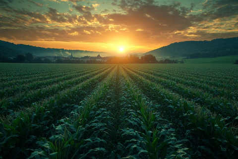 玉米田夕阳蓝光薄雾
