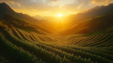 春日阳光照耀梯田