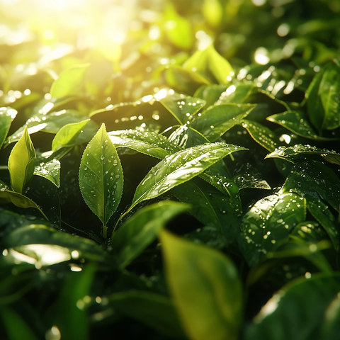 新鲜茶叶堆阳光水滴