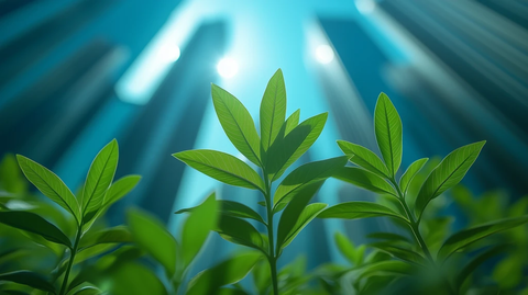 草丛仰望都市玻璃幕墙