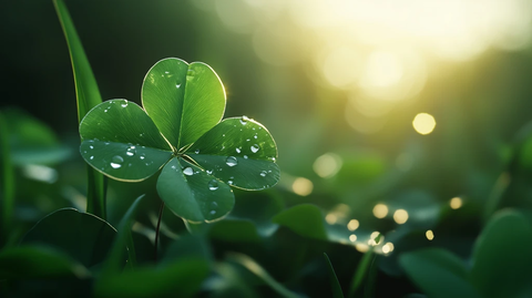 清晨露珠四叶草特写