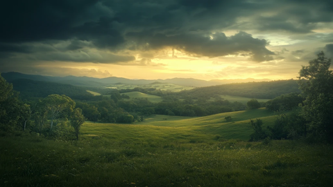 远山云影森林夕照