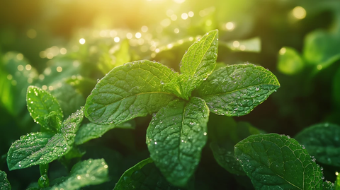 阳光照射下的新鲜薄荷叶