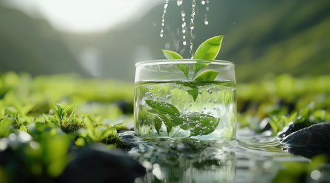 绿茶叶落入山泉水杯中