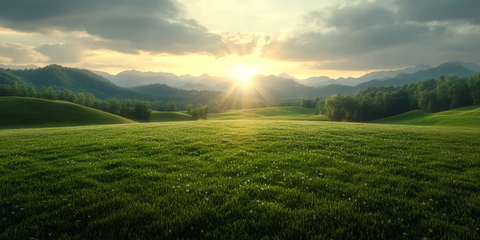 夕阳下的起伏山丘与谷地