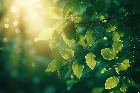 晨光穿透树叶光影斑驳