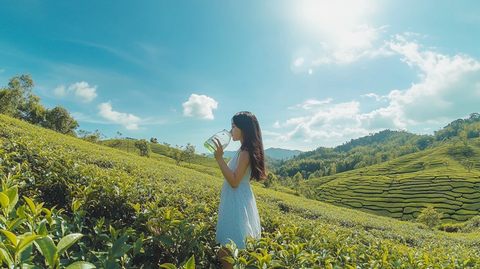 女孩茶园饮水全景