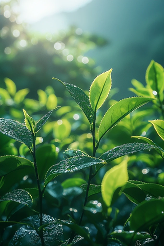 绿茶叶片与茶园背景
