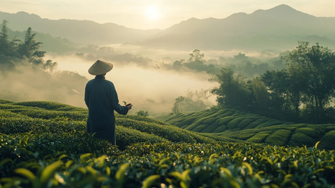 茶农微笑茶园晨雾