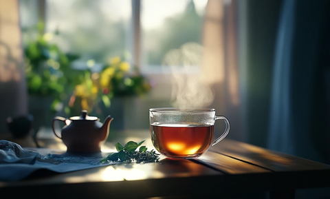 木桌上的茶杯与茶壶