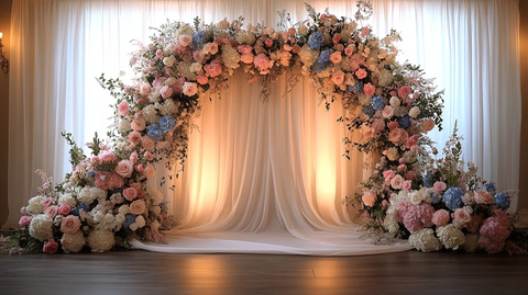 婚礼舞台背景白幕花饰灯光