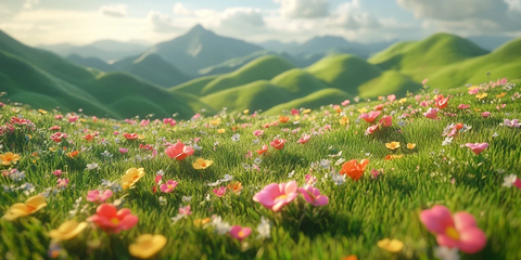 翠绿山丘与地表花朵