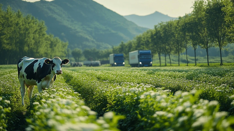 黑白奶牛在草地行走工厂卡车出入